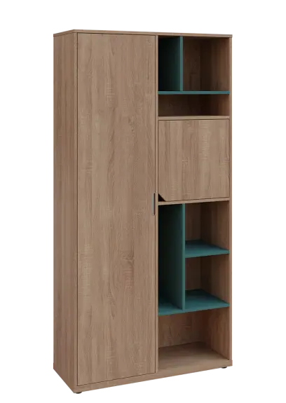 KSR6-83 L skříň šatní, 1x výsuvné ramínko, dvířka, niky, 2053x1022x400 mm, provedení levé, korpus a dvířka dub bardolino/police světle petrolejová